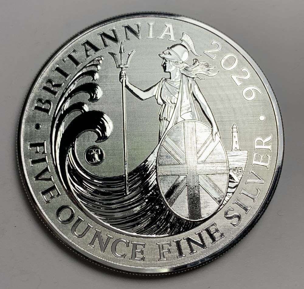 Rare Mintage 50,000! 2026 Britannia 5 ozt Silver: These beautiful Britannia coins originally came from a 150 ozt monster box containing 30-coins. Winner shall receive the exact (1) coin shown here. (NH/EBR)