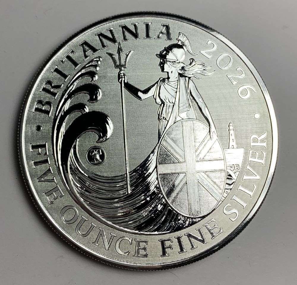 Rare Mintage 50,000! 2026 Britannia 5 ozt Silver: These beautiful Britannia coins originally came from a 150 ozt monster box containing 30-coins. Winner shall receive the exact (1) coin shown here. (NH/EBR)