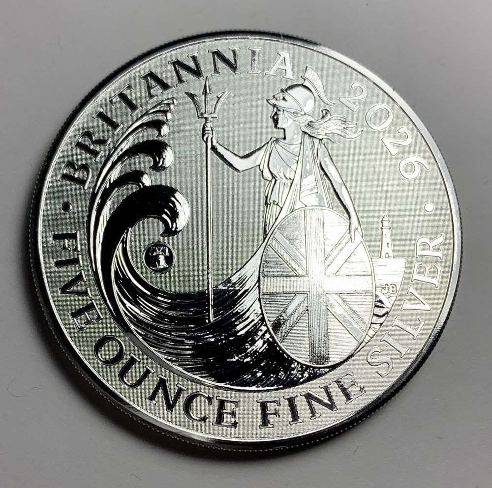 Rare Mintage 50,000! 2026 Britannia 5 ozt Silver: These beautiful Britannia coins originally came from a 150 ozt monster box containing 30-coins. Winner shall receive the exact (1) coin shown here. (NH/EBR)