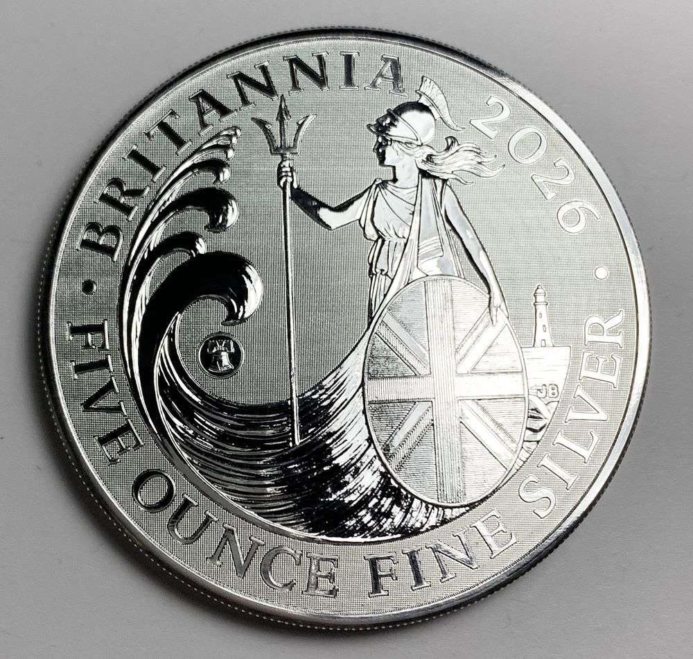 Rare Mintage 50,000! 2026 Britannia 5 ozt Silver: These beautiful Britannia coins originally came from a 150 ozt monster box containing 30-coins. Winner shall receive the exact (1) coin shown here. (NH/EBR)