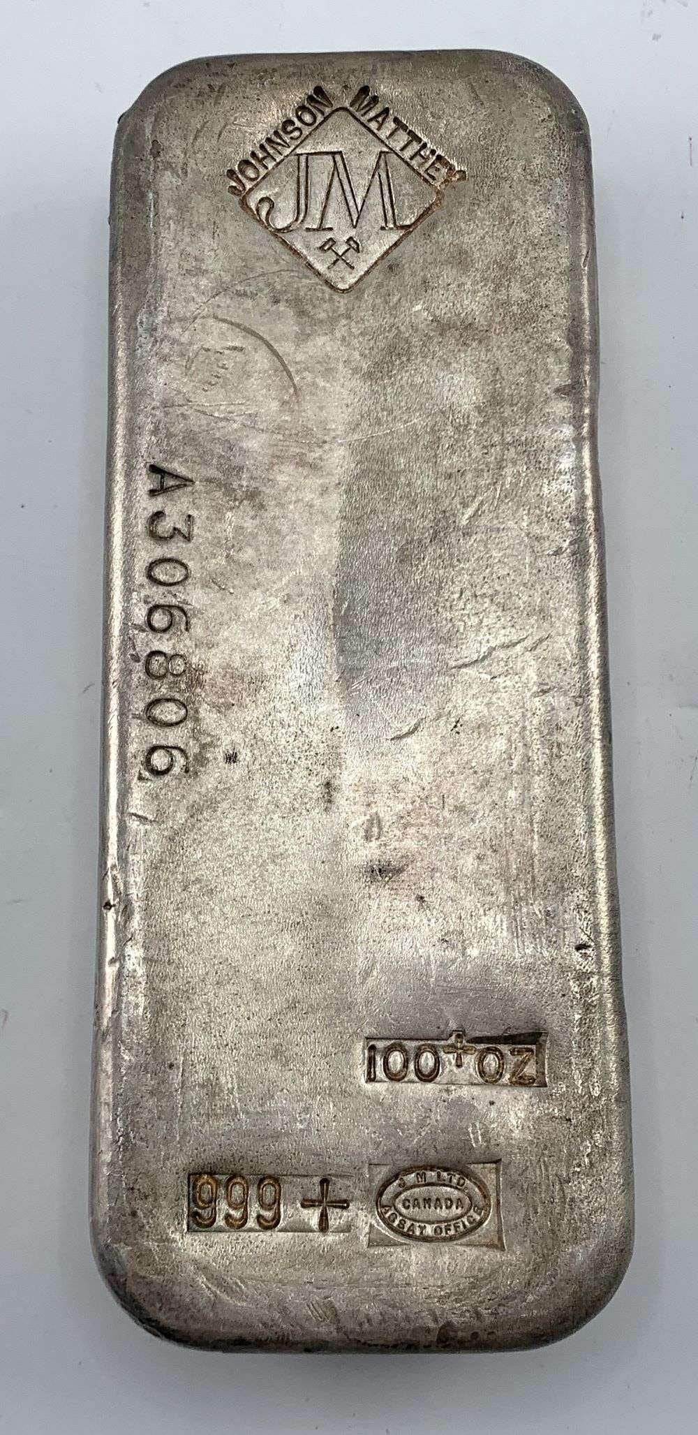 Last Minute Silver! Vintage JM Poured Bar 100 ozt .999 Silver: Winner shall receive the exact bar shown here. (NH/OBBB)