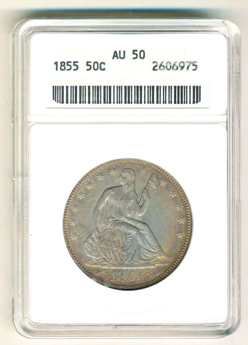 Soapbox Holder Amazing Pastel Rainbow 1855 Seated Liberty Silver Half Dollar ANACS AU50: This is the story about two coin dealers, a partnership. One, the largest bullion dealer north of San Francisco, and the other, the largest rare coin dealer north of San Francisco. Together, their sho