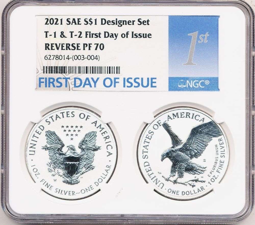 2021-W American Silver Eagle Type 1 & Type 2 First Day Of Issue NGC Reverse PF70 Set (2-coins): Winner shall receive the exact coin shown here. (MR/URB)