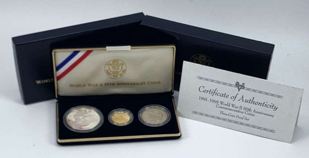 1991-1995-W World War II 50th Anniversary Set (3-coins): Winner shall receive the exact coin set (3-coins) (1) $5 Gold, (1) Silver Dollar, (1) Clad Half Dollar shown here. (MR/TFR)