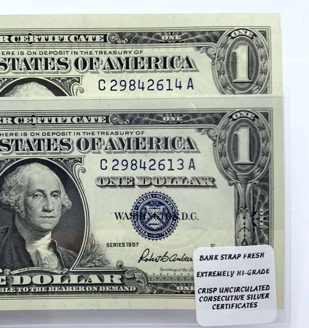 Bank Strap Fresh Extremely High-Grade Uncirculated Consecutive $1 Silver Certificates (2-Bills) (1 of 5)