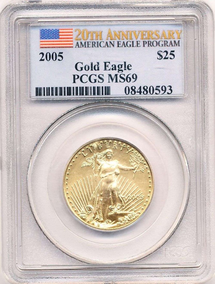 Last Minute Gold! 2005 American $25 Gold Eagle 20th Anniversary PCGS MS69: Winner shall receive the exact coin shown here. (MR/LIBB)
