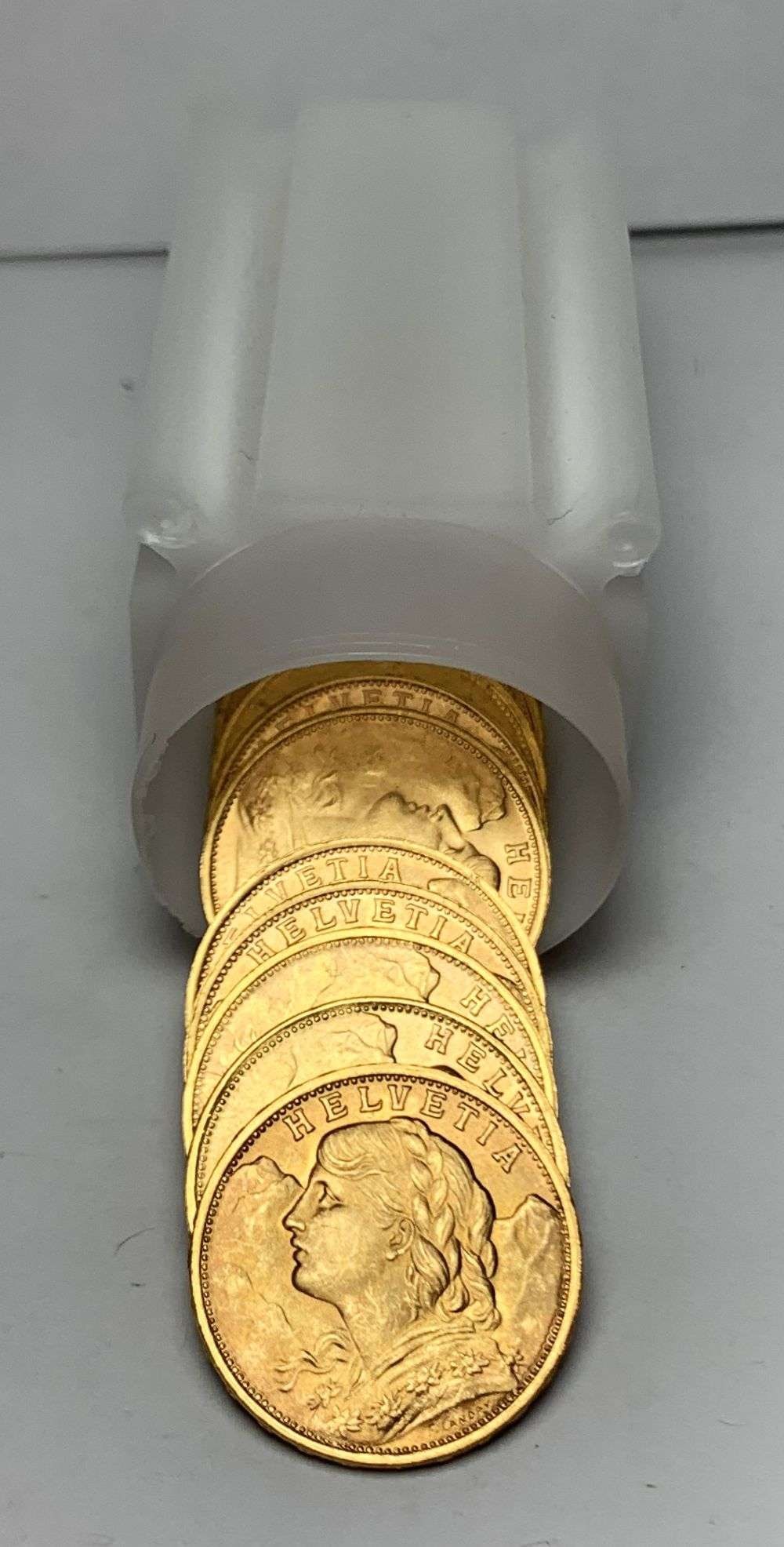 Last Minute Gold! Roll (10) 1935-1949-B Swiss 20 Franc Helvetia Gold .1867 AGW: Winner shall receive the exact coin shown here. (MR/OBBB)