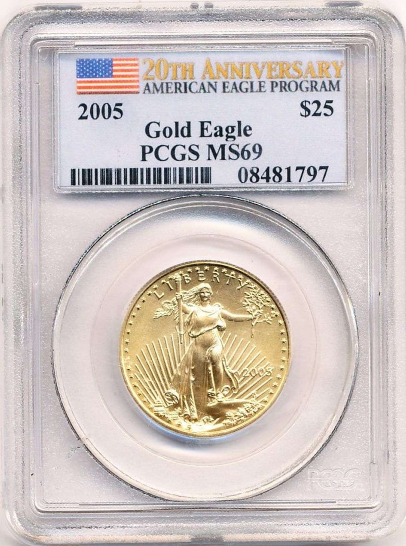 Last Minute Gold! 2005 American $25 Gold Eagle 20th Anniversary PCGS MS69: Winner shall receive the exact coin shown here. (MR/LIBB)