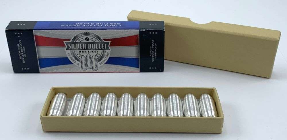 45 Caliber Bullet Bullion 10 Pack 1 ozt .999 Silver: Winner shall receive the exact item (10-pack) shown here. (NH)