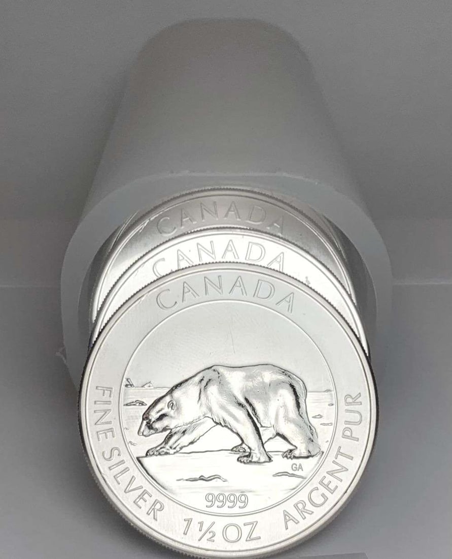 Last Minute Silver! Roll (15) 2013 Canada Polar Bear 1.5 ozt .999 Silver (22.5 ASW): Winner shall receive the exact roll (15-coins) shown here. (NH/LUIE)