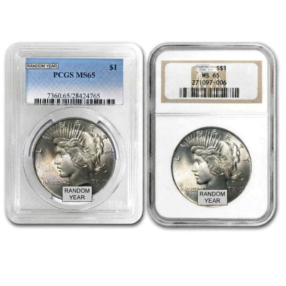 Box (20-coins) Common Date Peace Silver Dollars NGC/PCGS MS65: Please allow 2-4 weeks for delivery. Winner shall receive (1) box (20-coins) precisely resembling the ones shown here.