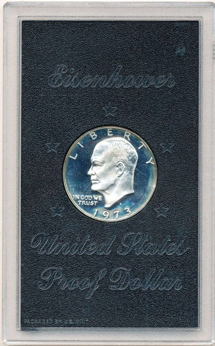 1973-S Eisenhower Proof Silver Dollar OGP: If this coin received a PF70 Deep Cameo grade, based off of the PCGS price guide, it could be worth over $1,000! Winner shall receive the exact coin shown here. (MR/B)