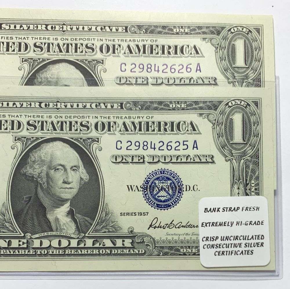 Bank Strap Fresh Extremely High-Grade Uncirculated Consecutive $1 Silver Certificates (2-notes): Winner shall receive the exact items (2-notes) shown here. (MR/B)