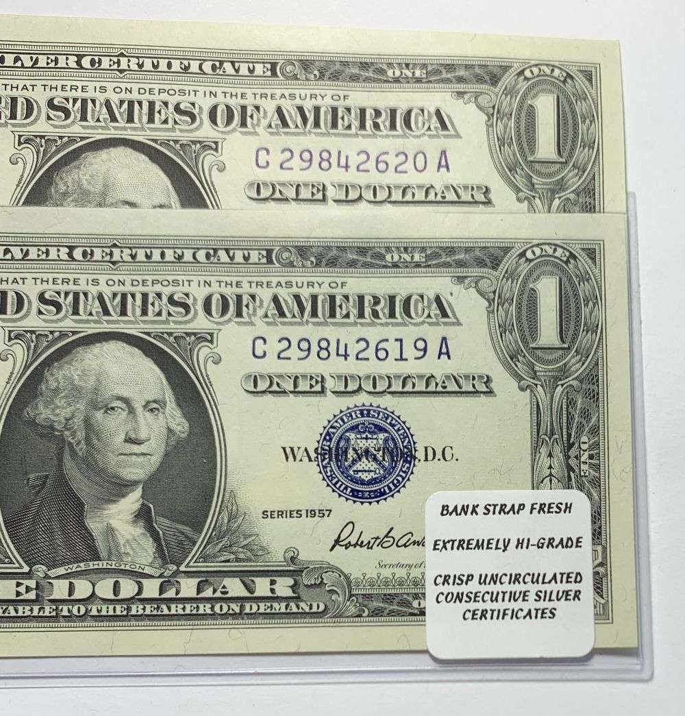 Bank Strap Fresh Extremely High-Grade Uncirculated Consecutive $1 Silver Certificates (2-notes): Winner shall receive the exact items (2-notes) shown here. (MR/B)