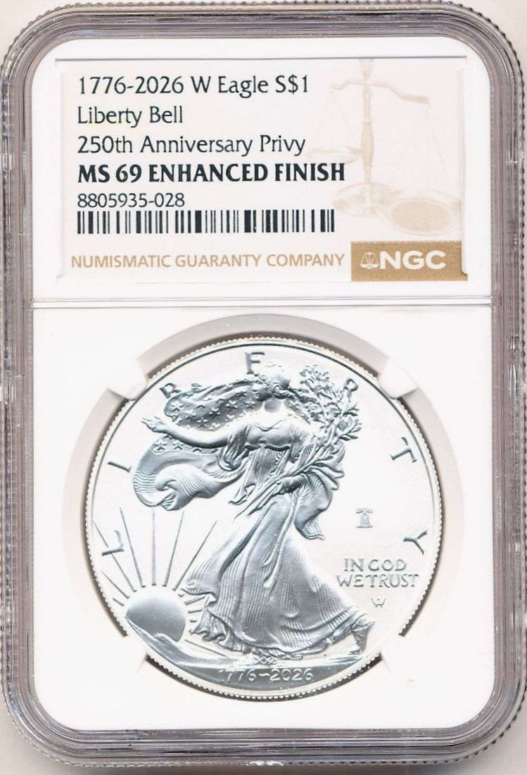 1776-2026-W American Silver Eagle NGC MS69 Enhanced Finish 250th Anniversary Privy: Winner shall receive the exact coin shown here. (MR/B)