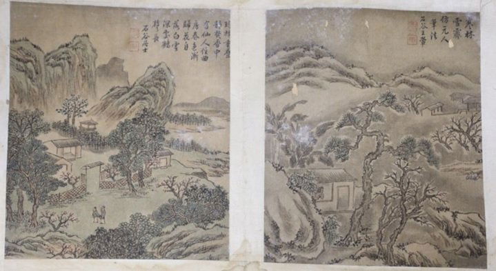 Two landscape paintings by Wang Hui. 王翬: Two landscape paintings by Wang Hui. Color on silk.Measurement: 26.7 x 23.3 cm.王翬仿元人《雪景》《初春》。絹&