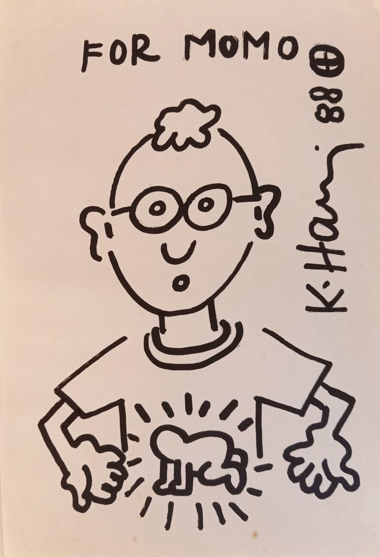 In the style of Keith Haring dated 1988: In the style of Keith Haring (1958-1990) Self-portrait dedicated to Momo. Ink on paper. Dimensions : 158 × 237 mm Dated 1988.