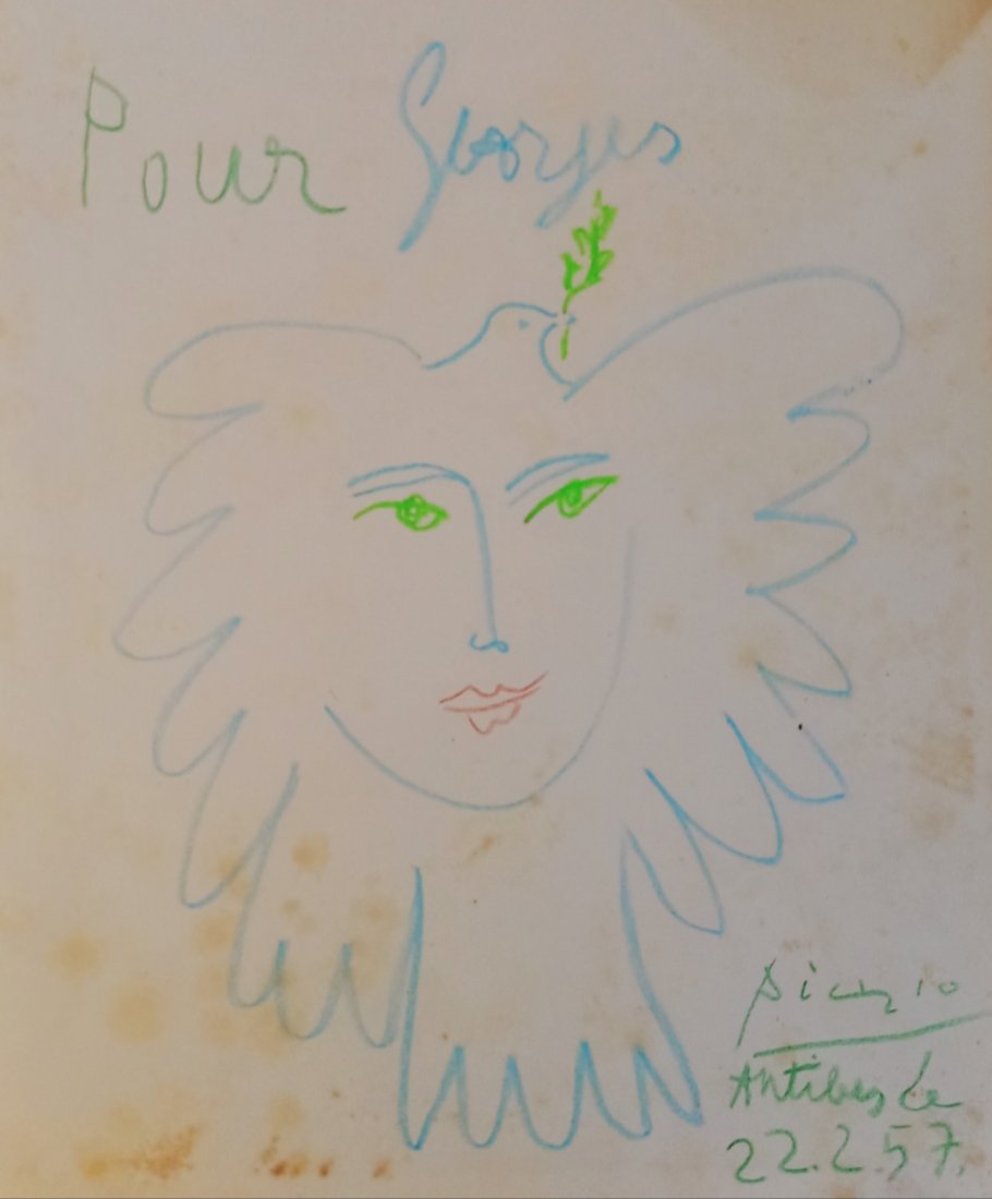 In the style of Pablo PICASSO drawing dated 1957.: In the style of Pablo PICASSO drawing dated 1957. Dimensions: 230×300 mm, bold pastels of color on paper yellowed by time. This drawing represents a dove with face, with pastel lines in blue, green.