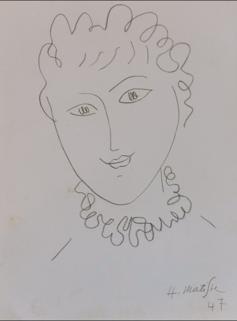 In the style of Matisse drawing dated 1947: In the style of Henri Matisse (1869-1954) Tête de femme dated 1947. Pencil on paper. Dimensions : 210 mm × 282 mm. Drawn in 1947