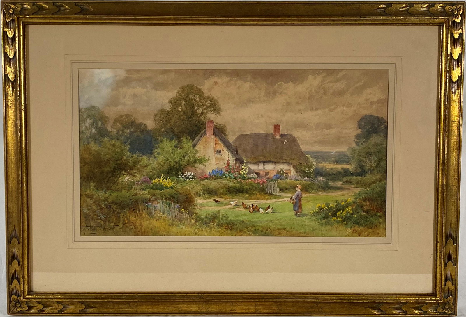 Sylvester Stanard ( 1870-1951 United Kingdom English ): Henry John Sylwester Stanard grandson of John Stanard of Bedfordshire England. Landscape watercolor depicting peasant woman on farm feeding the poultry, chicken and hen . Item is in overall good condi