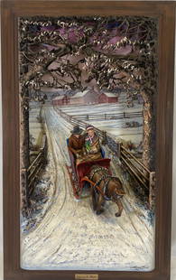 Aaron Zook ( 1921-2003 Pennsylvania American ): Amish scene three dimensional painting and sculpture. Title "Courting In Winter" wall sculpture. Signed and dated lower right Aaron Zook 1981. Item is in overall good condition. 36in H x 22in W. Out o