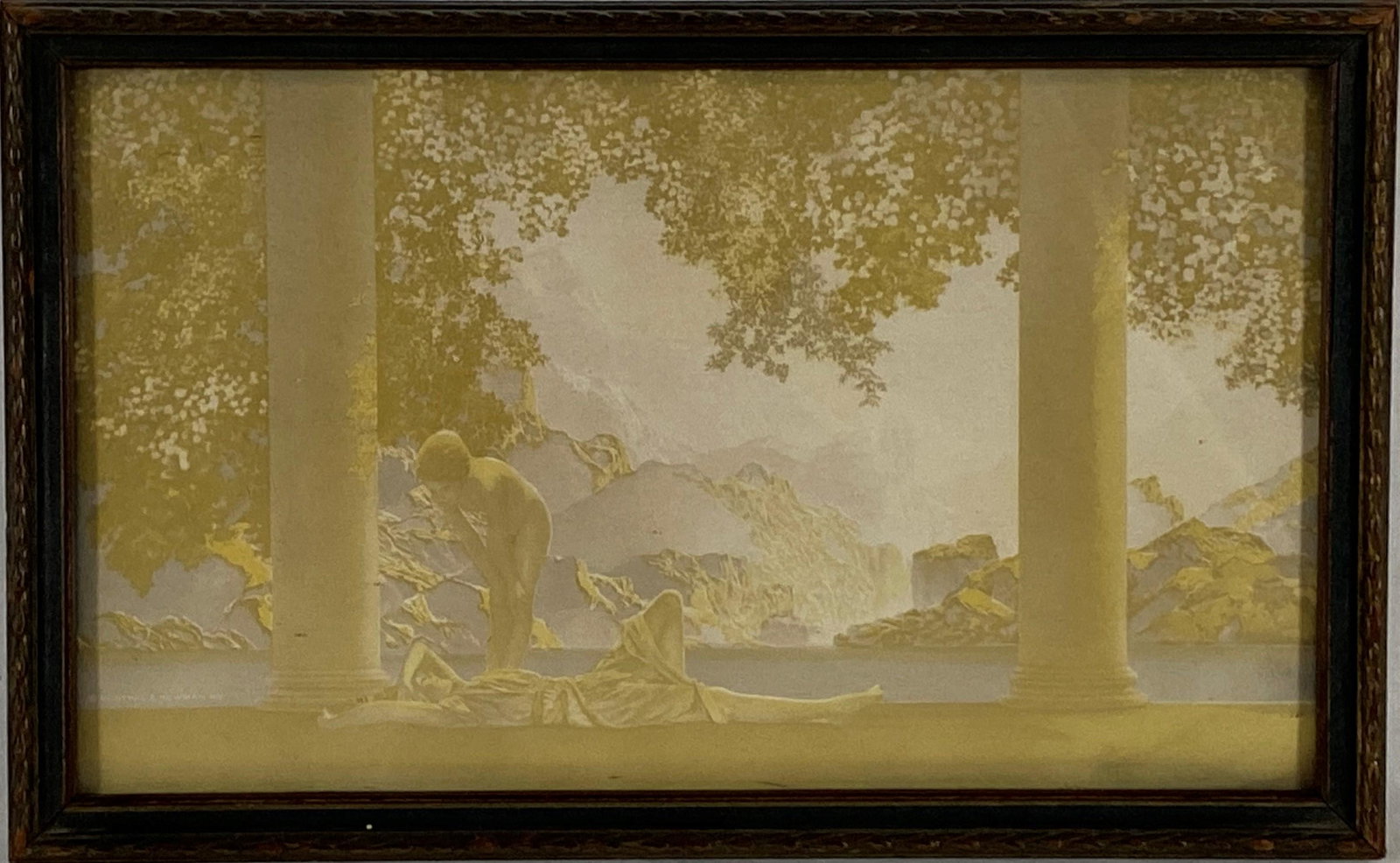 Maxfield Frederic Parrish ( 1870-1966 New Hampshire ): American "Daybreak" Illustration romantic scene between a pair palace column Frame is slightly damaged. Item is in overall good condition. 6.5in H x 10.5in W. Out of a new york city estate.