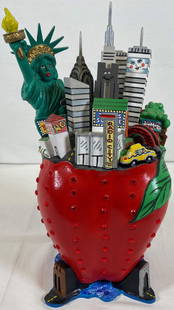 Charles Fazzino (1965- New York City, American): Big Apple. Hand painted pop art sculpture from 1999. Depicting Times Square, Central Park, Yellow taxi, Chrysler building, Twin Towers, Radio City Music Hall, SOHO, Statue of Liberty. Hand signed and