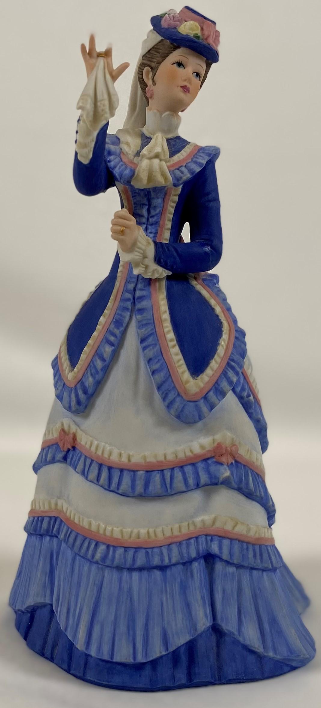 Lenox Fashion Figurine Grand Tour Porcelain Sculpture: Handcrafted fine porcelain sculpture, Lenox. "Grand Tour" depicting a lady in a beautiful white, blue and pink with a elegant hat. Approx 8.5in H. Figurine Missing a finger on the right hand. Out of a
