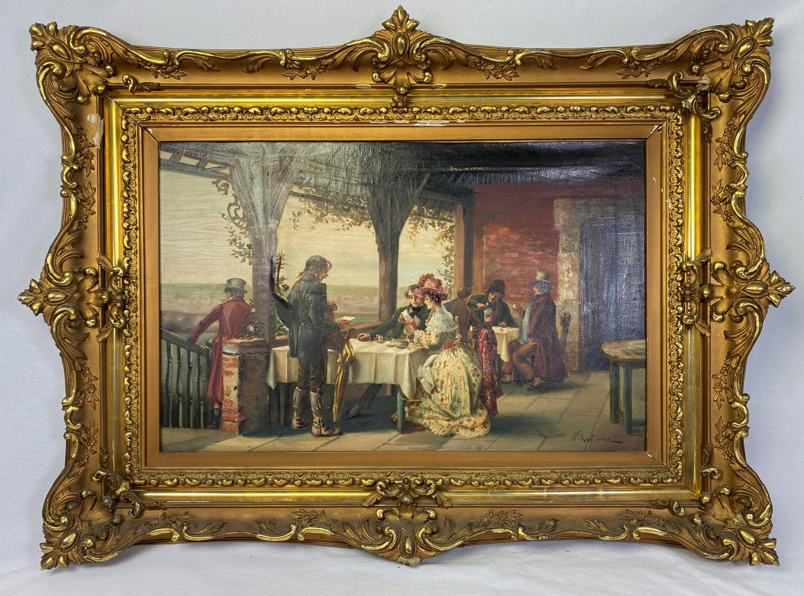 19th c. Oil on Canvas Continental School Painting: Antique Oil on Canvas Continental School late 19th early 20th Century Depicting people drinking tea and wine on patio Bears Signed lower right Illegible S. Rufiano ? There is two holes one left and on