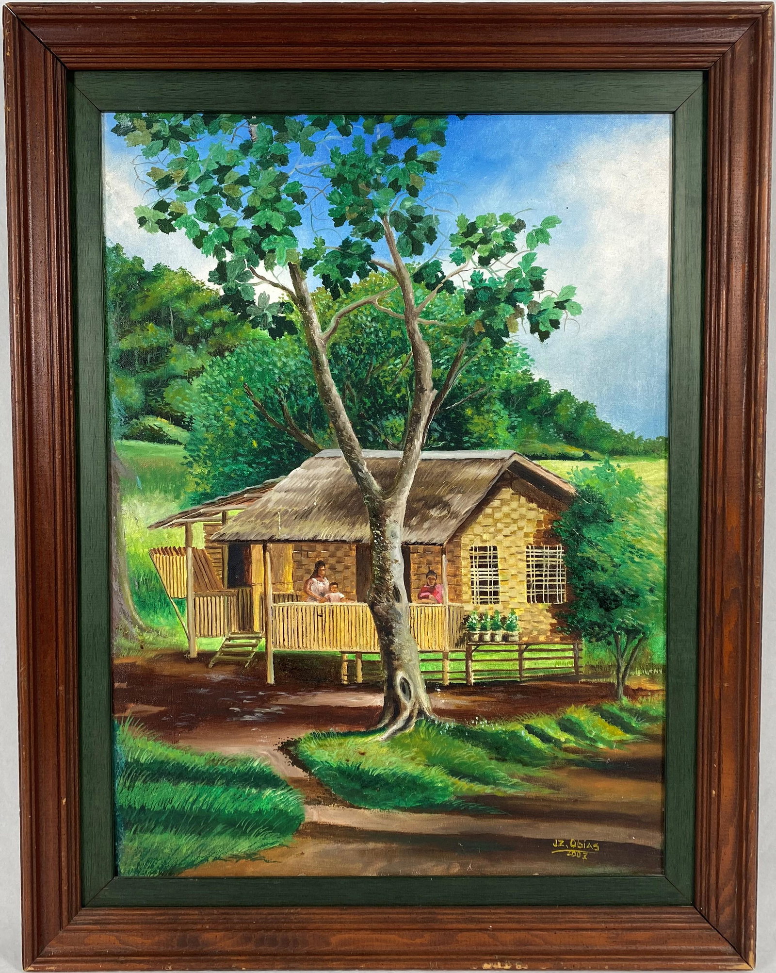 Oil on Canvas Haitian Art ? Painting Signed: Oil on Canvas atop of board depicting a small house farm landscape with the family out on the porch signed bottom right JZ Obias ? 2003 Hatian or Philippines artist ? Frame 20.5in L x 26.25in H Art 16
