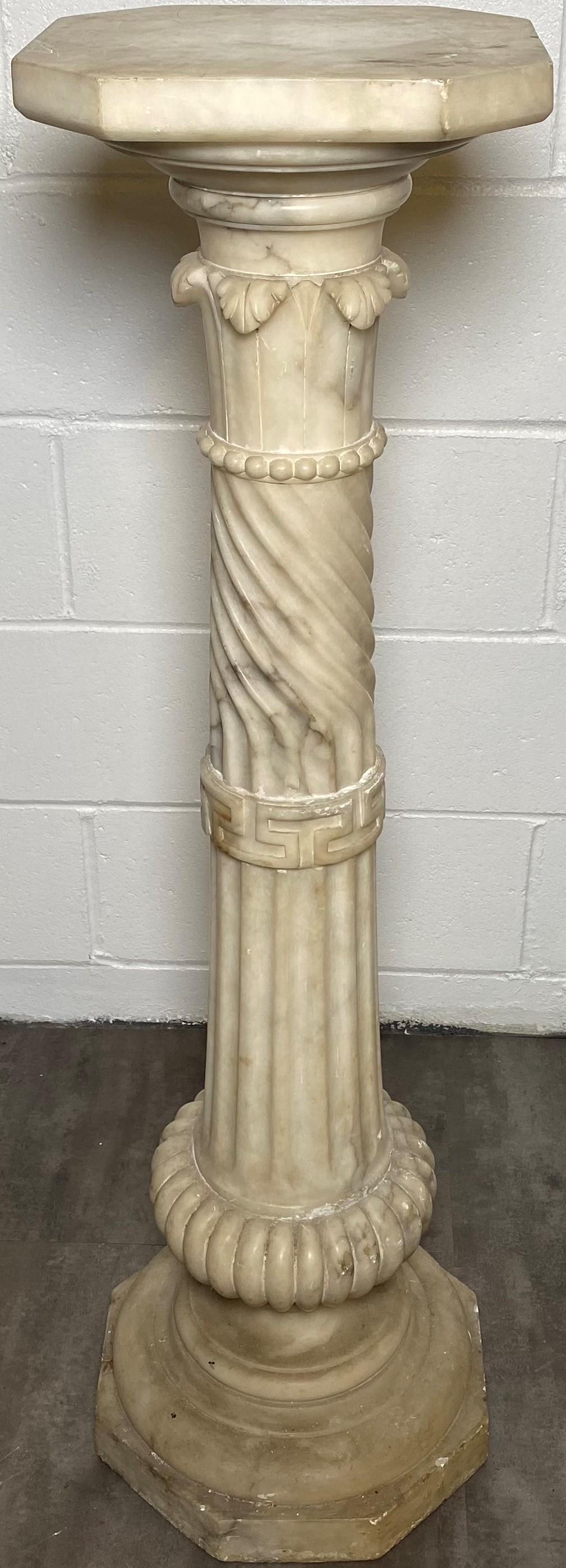 Carved Alabaster Pedestal with Swirl Grecian Key Fluted (1 of 3)