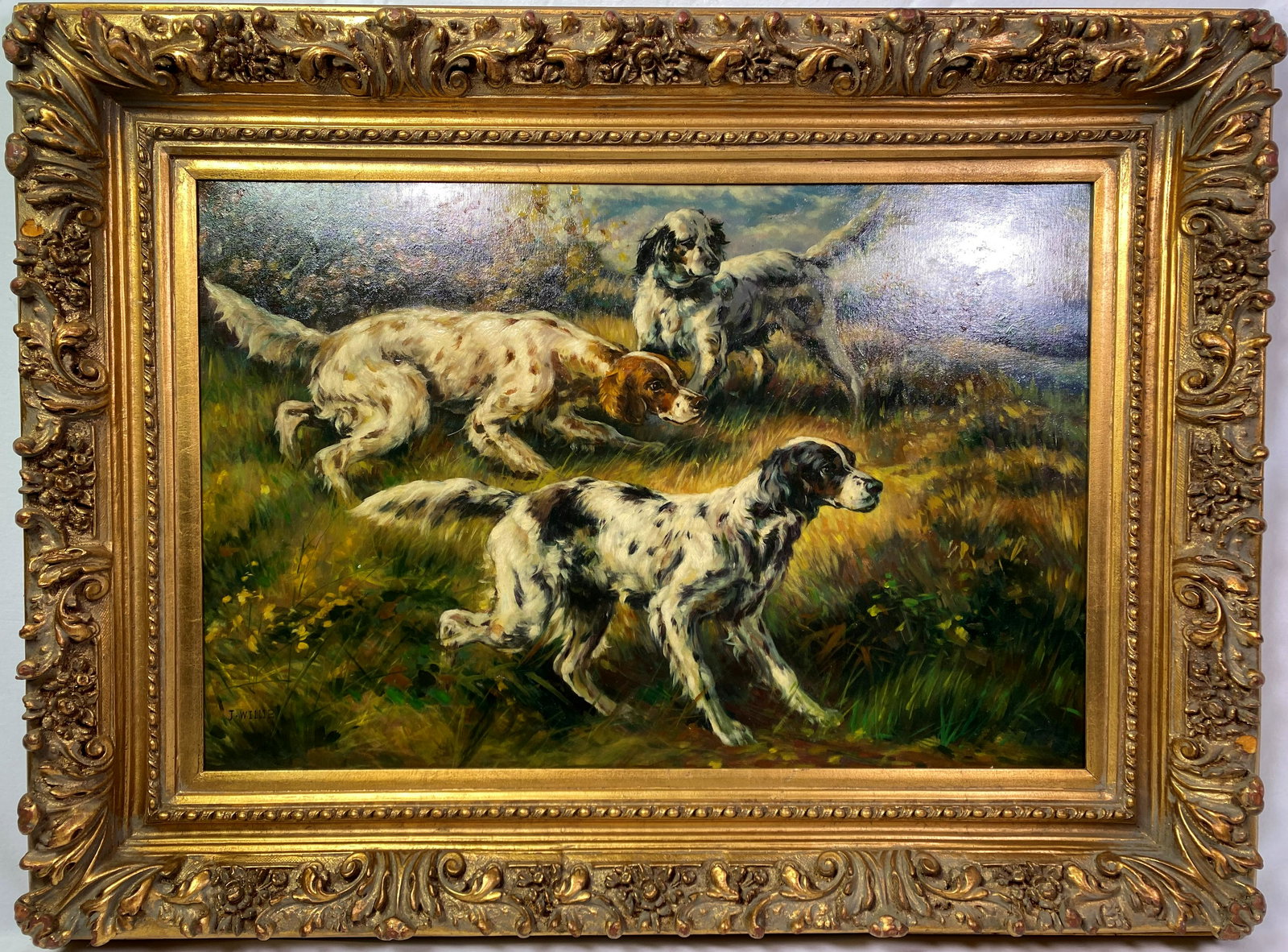 Large Oil on Canvas hunting Dogs Signed (1 of 5)