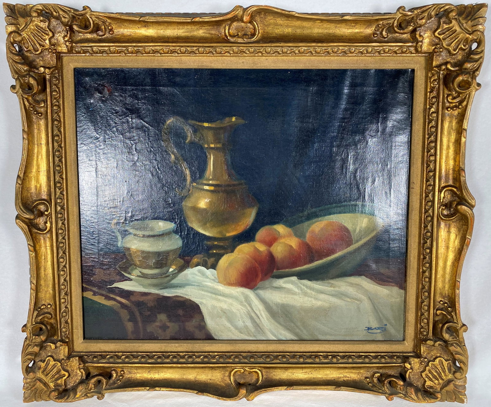 Large Oil on Canvas Still Life Signed Framed: Large Oil on Canvas Still Life depicting a Wine Ever Decenter Jug Peaches Spilling from Bowl Fruit Arrangement signed lower right Bari ? Frame 27" H 31" L Canvas 20" H 24" L slight chip in paint from 