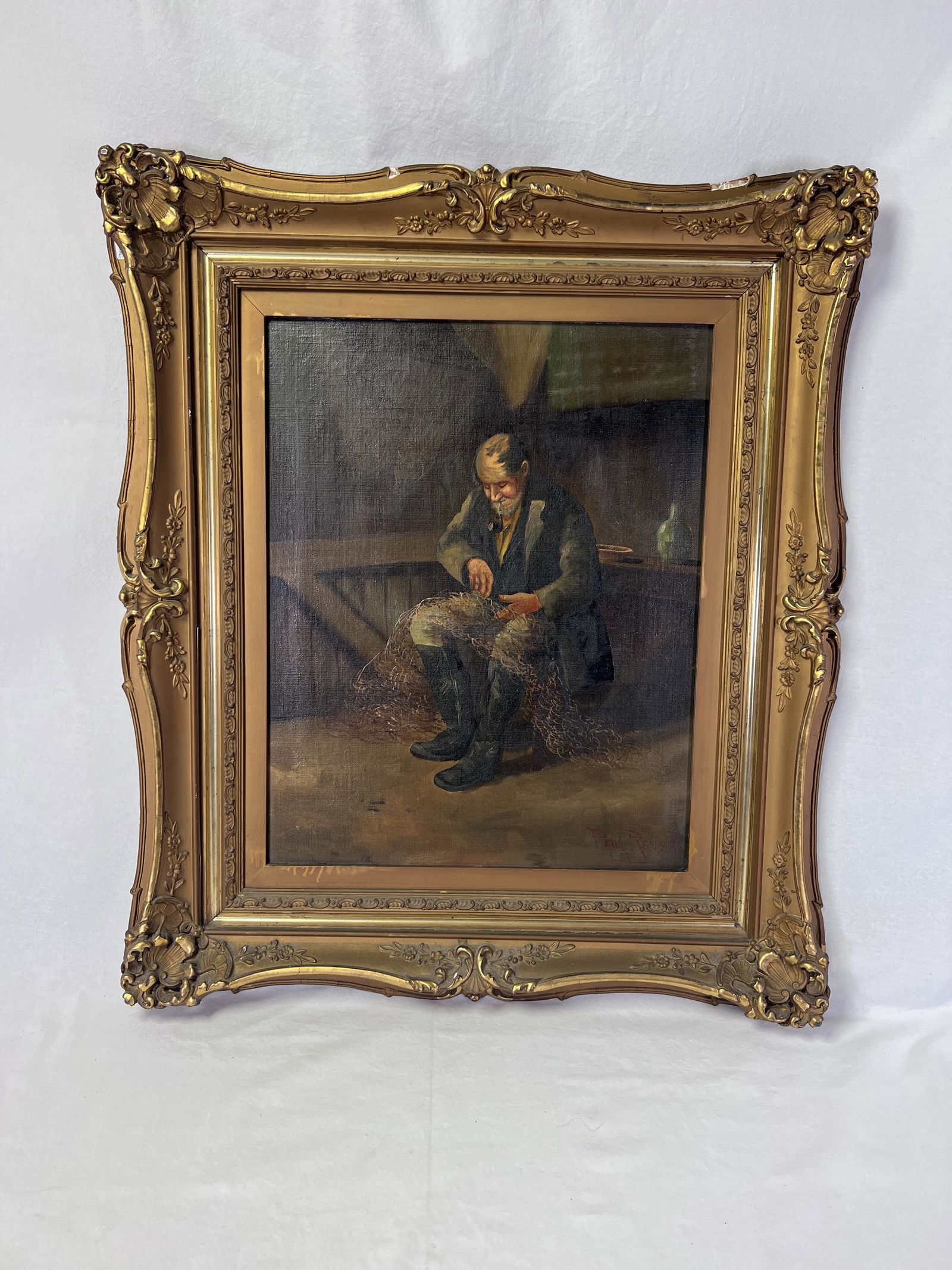 19th c. Paul Revere Oil on Canvas Pipe Smoker Fisherman (1 of 6)