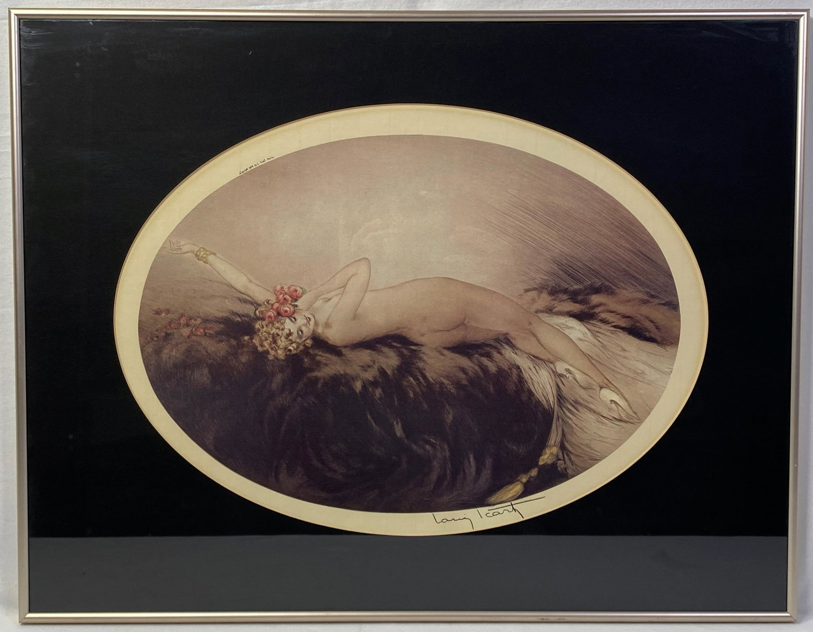 Louis Icart ( 1880-1950 France ) Venus 1926 Art Deco: Louis Icart ( 1880-1950 France ) "Venus" 1926 Art Deco Period artwork depicts a Nude Woman reclining set in oval form litho print signed in print lower right please look at photos closely approx 21" H