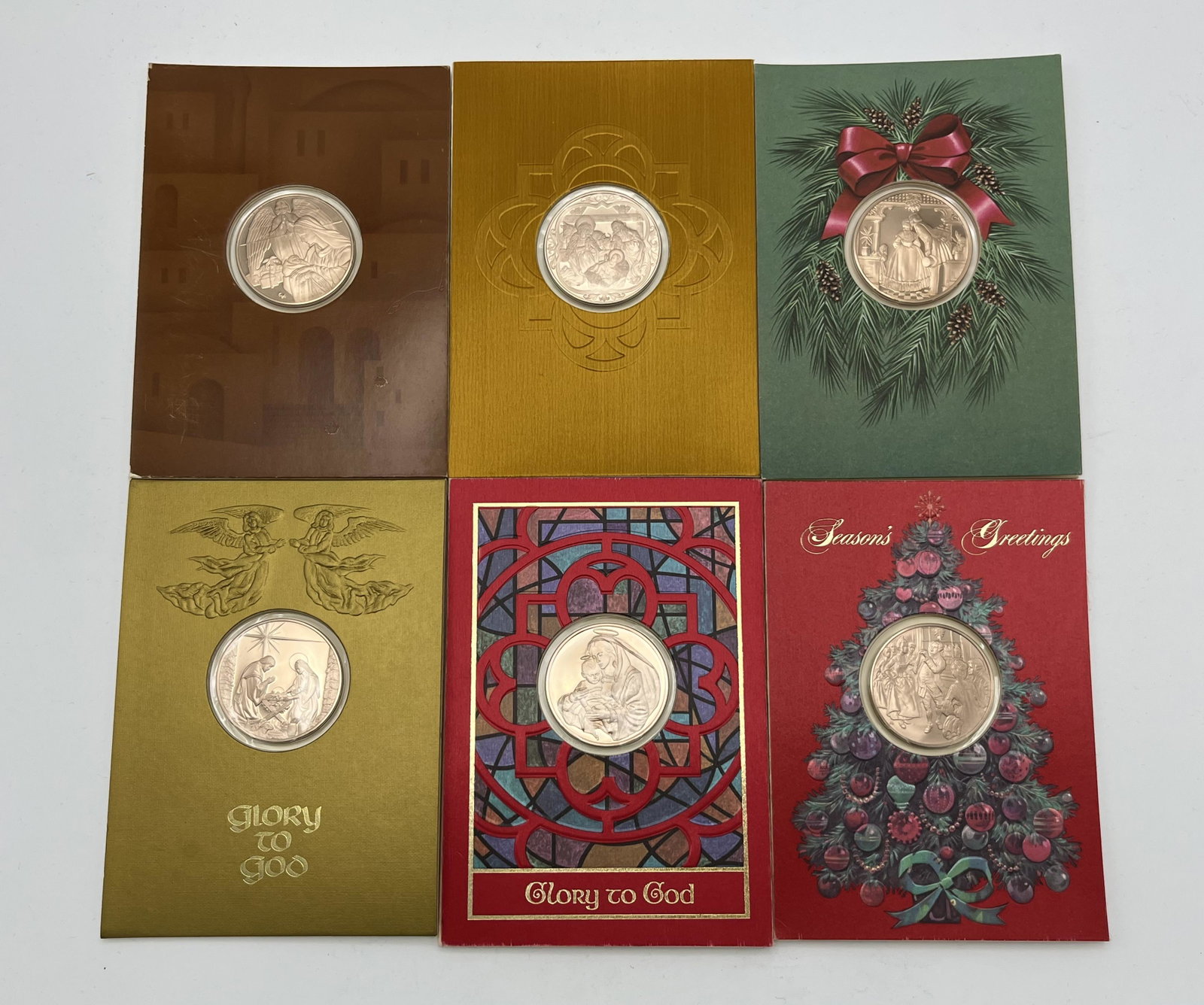 Set of 6 Franklin Mint Medal Coin Greeting Cards: Set of 6 Franklin Mint Medal Coin Season Greeting Cards Bronze Coin Includes 1 x Glory to God The Holy Birth sculptured by Vincent Miller from a design by Richard Baldwin 1x Glory to God Madonna and C