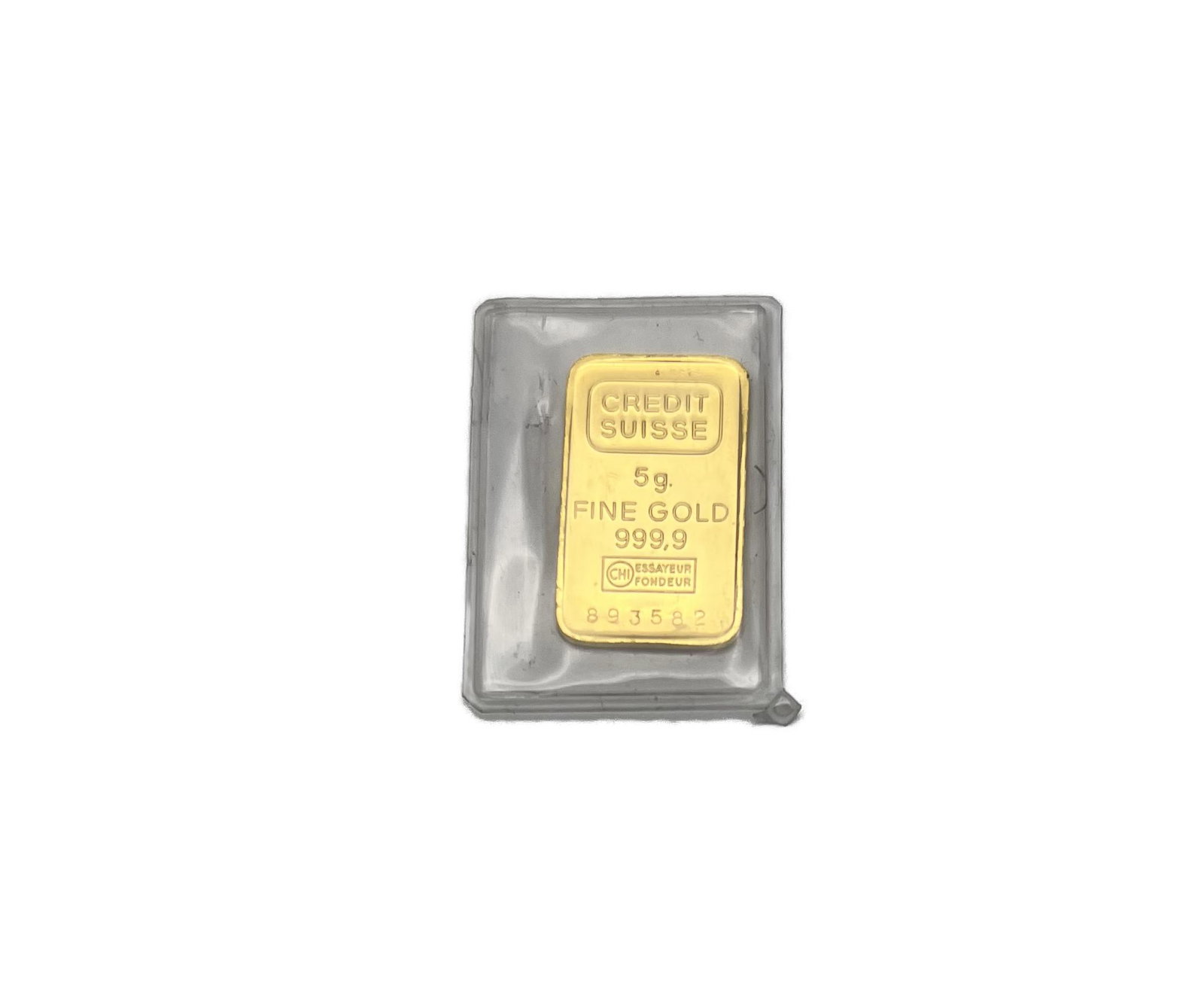 Credit Suisse 5 Gram Gold Bar 2 of 6: 5 Gram Gold Bullion 999.9 Fine Credit Suisse BarSupplied sealed in original Credit Suisse packaging Obverse: Credit Suisse Logo, Completed With The Inscriptions: 1 Oz Fine Gold 999,9 Essayeur Fondeur