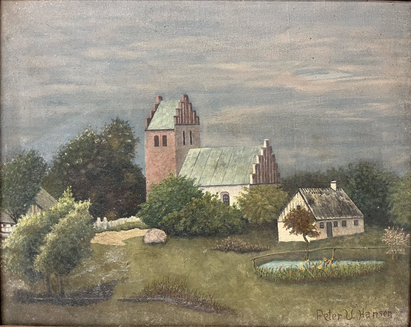 Peter Hansen ( Denmark 1868-1928 ) Impressionist Landscape Oil on Canvas: Peter Hansen ( Denmark 1868-1928 ) Impressionist Landscape Oil on Canvas Painting depicting a small town Size 23.25" L x 19.25" H Canvas out of a New York City Estate