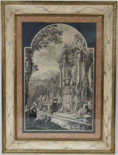 Franceso Monti (Italy 1685-1768) Etching: Franceso Monti (Italy 1685-1768) Etching made by Charles Nicolas Cochin pere depicting an Allegorial tomb for Chancellor Cowper with people in classical costume conversing near a large monument formed