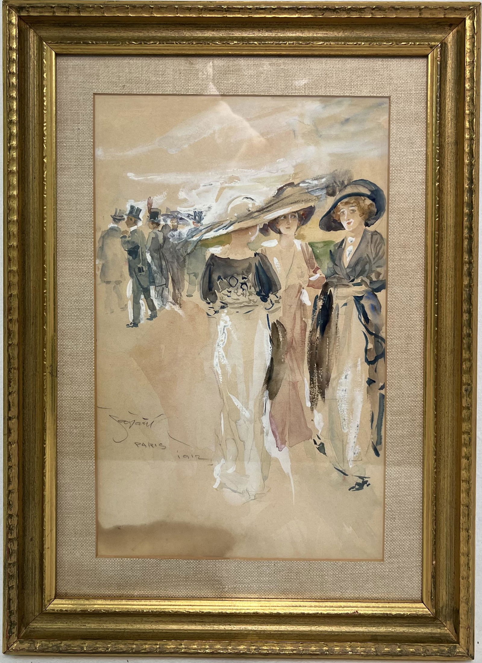 Pre Art Deco 1912 French Watercolor Gouache Paris Signed (1 of 4)