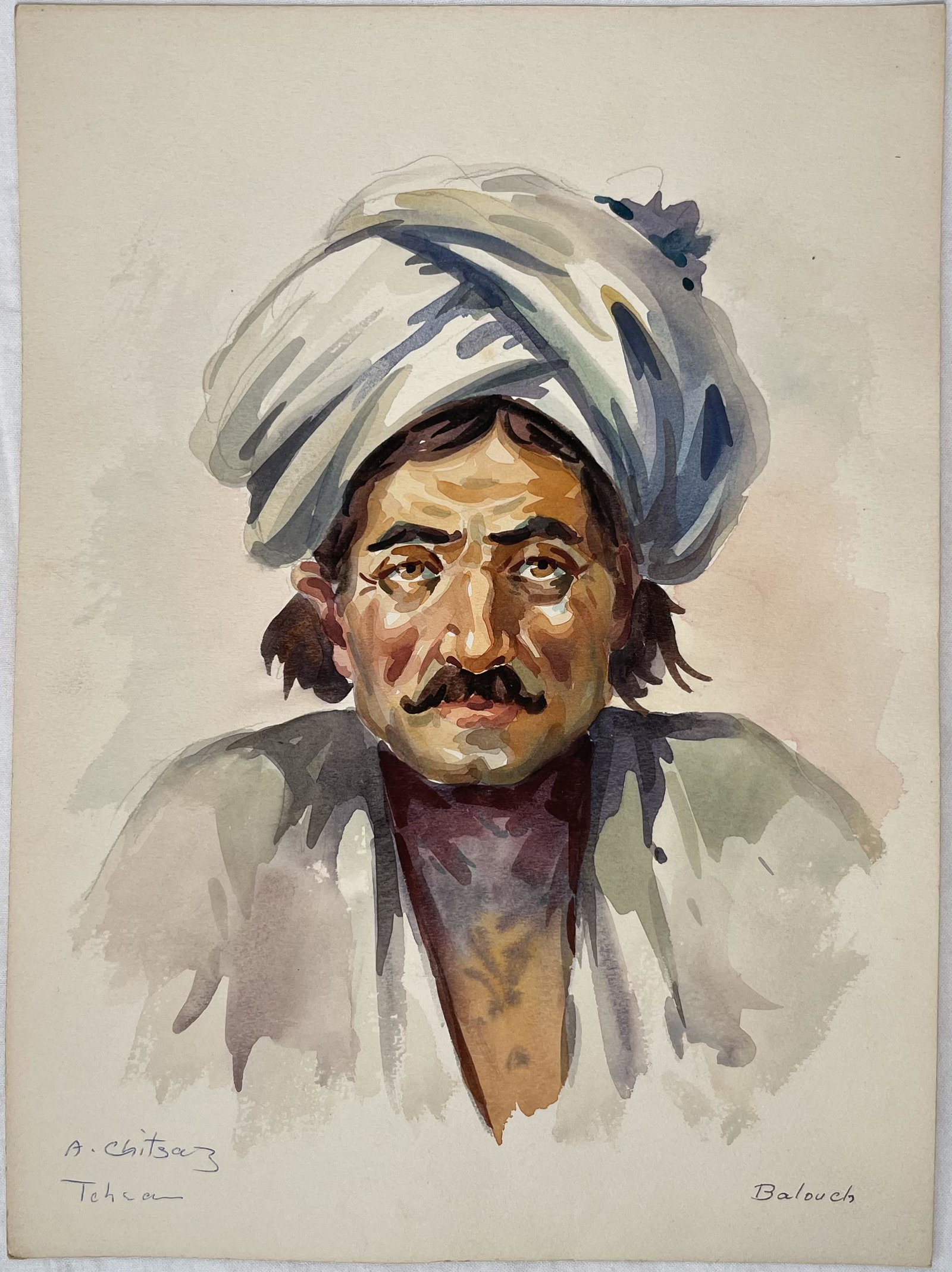 Ali Chitsaz Watercolor Portrait "Balouch": Ali Chitsaz Artist Master Original Watercolor Portrait of a " Balouch " Size 8.75" L x 11.75" H Out of a New York City Estate