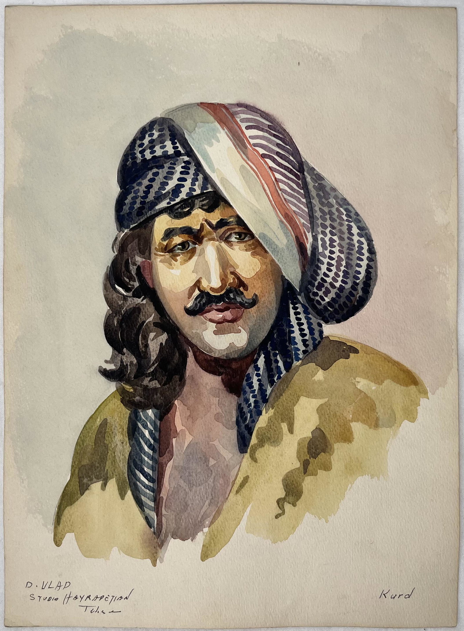 Ali Chitsaz Watercolor Portrait "Kurd": Ali Chitsaz Artist Master Original Watercolor Portrait of a " Kurd " Size 8.75" L x 11.75" H Out of a New York City Estate