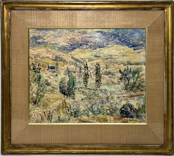 Tony Agostini (French 1916-1990) Oil "Ollioules": Tony Agostini (French 1916-1990) Oil on Paper Painting "Ollioules" Frame Size 22.75" H x 25.5" L Art 14" H x 17.25" L Out of a New York City Estate