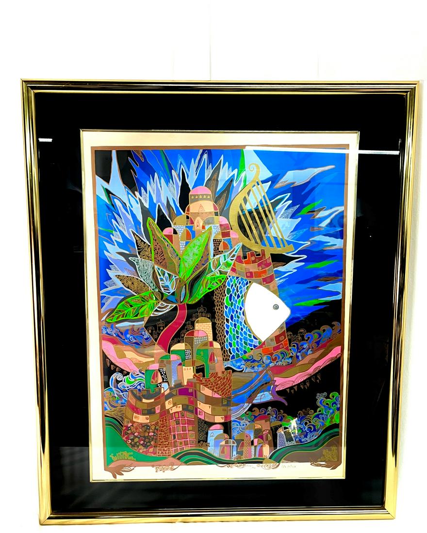 Ilan Hasson (Israeli 1958) David's Harp Lithograph: Signed and Numbered Limited Edition of 400 Lithograph with Hand-painted additions Gold Framed 31" x 38"