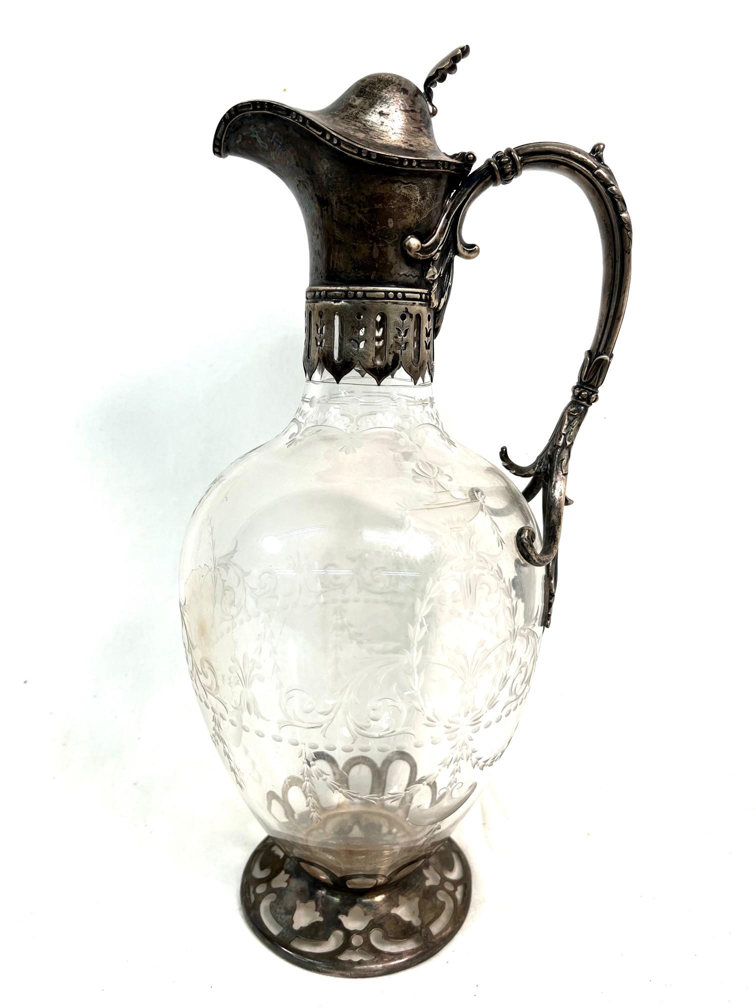 Antique Gorham Sterling Silver Cut Glass Pitcher: Victorian Sterling Silver Art Etched Glass Decanter Claret Jug Repousse Swirled Tusk in Excellent Condition 10" in. Height Out of New York City Estate