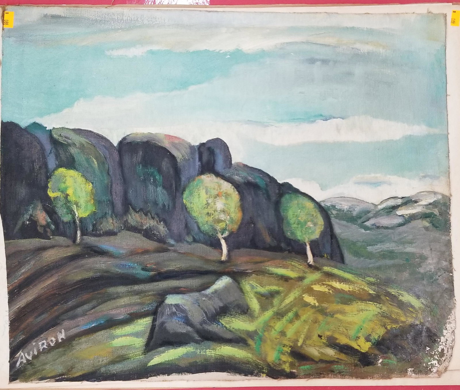 Joachim Aviron (1903-? Russian) Surreal Abstract Landscape Oil Painting: Joachim Aviron (1903-? Russian) No Title Surreal Abstract Landscape Oil Painting Depicting Farmerland Signed Lower Left No Frame just Canvas Couple Edge Paint Chips That A Frame Would Hide Please refe