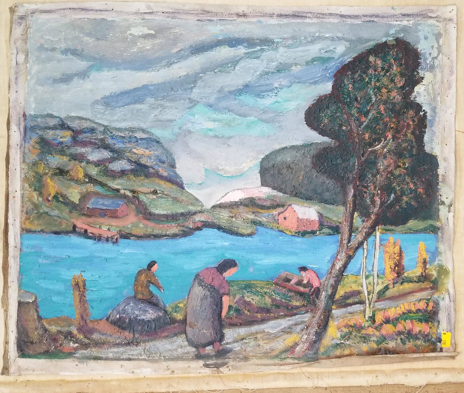 Joachim Aviron (1903-? Russian) Surreal Abstract Landscape Oil Painting: Joachim Aviron (1903-? Russian) Titled The River Surreal Abstract Landscape Oil Painting Signed Lower Right No Frame just Canvas Couple Edge Paint Chips That A Frame Would Hide Please refer to photogr