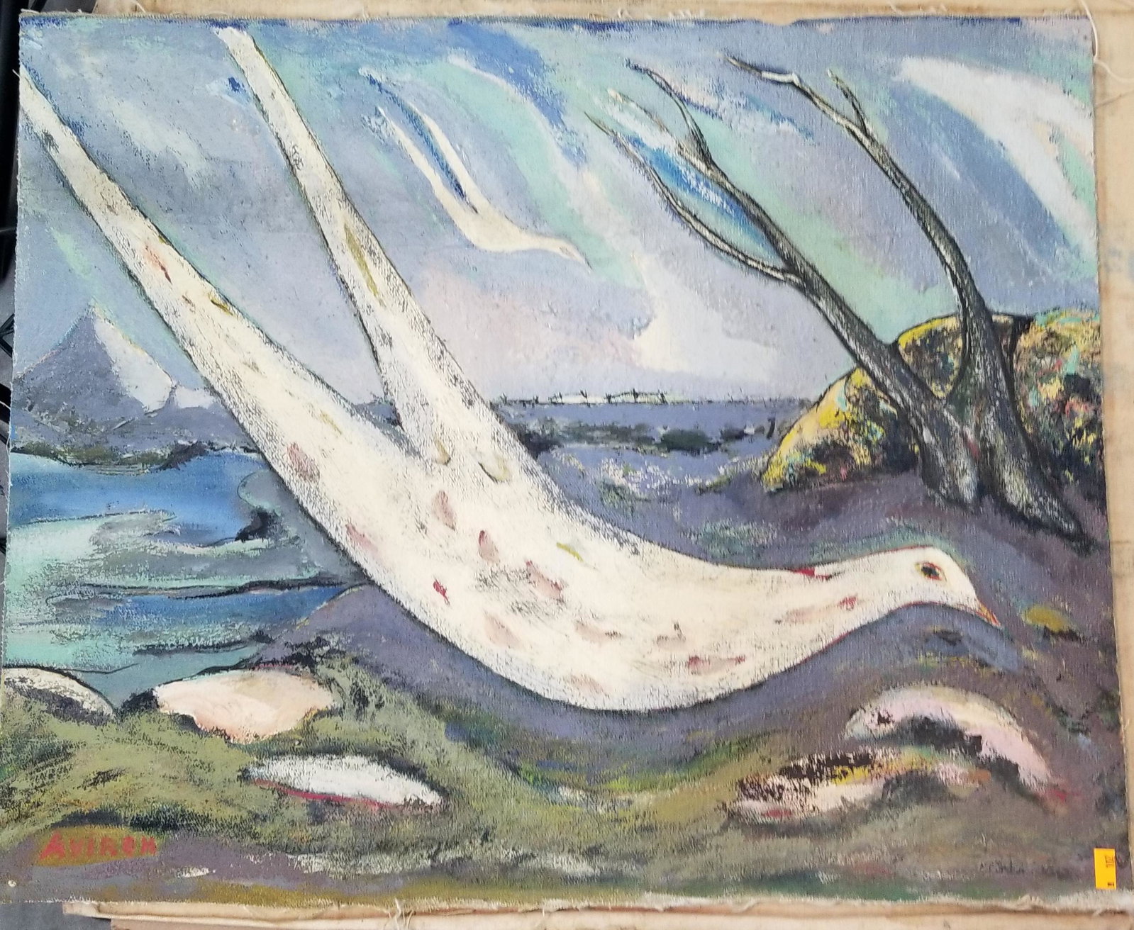 Joachim Aviron (1903-? Russian) Surreal Abstract Landscape Oil Painting: Joachim Aviron (1903-? Russian) Titled The Dove Surreal Abstract Landscape Oil Painting Signed Lower Left No Frame just Canvas Some Edge Paint Chips That A Frame Would Hide Please refer to photographs