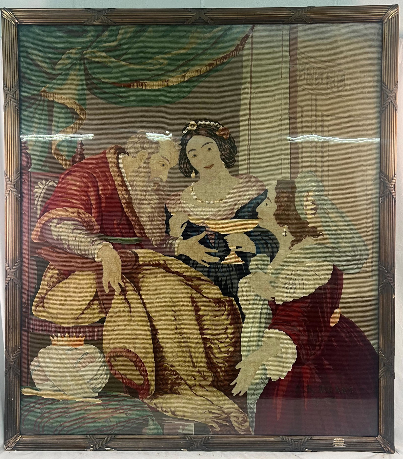 Antique Little Stitch Embroidered Picture English S H Dukas1907: Antique Little Stitch Embroidered Picture English 1907 Signature Lower Right S H Dukas 1907 / 3 Characters Depict an Eldery man with Long Beard Sitting on an Armchair and 2 Women One of These With a C