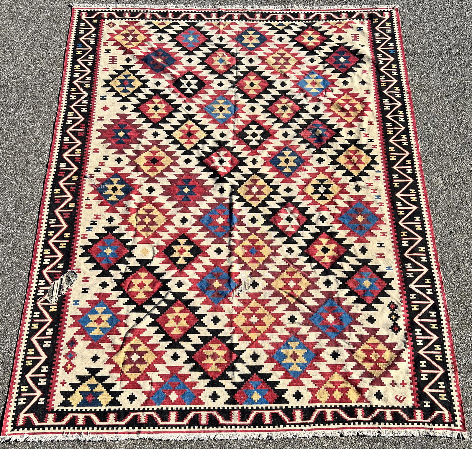 Persian Tribal Qashqai Kilim MCM: Persian Tribal Qashqai Kilim Mid Century Modern There are Few Rips Worn Out Stiches Needs Cleaning Please refer to Photographs Dimensions 10' x 8' From New York City Estate